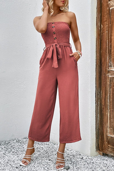 Explore More Collection - Decorative Button Strapless Smocked Jumpsuit with Pockets