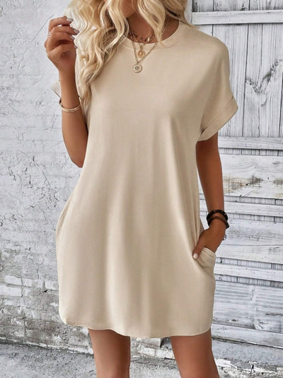 Explore More Collection - Pocketed Round Neck Short Sleeve Dress