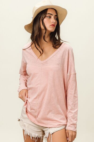 Explore More Collection - BiBi Exposed Seam V-Neck Long Sleeve T-Shirt