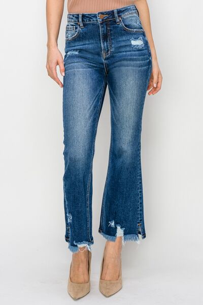 Explore More Collection - RISEN High Waist Raw Hem Flare Jeans