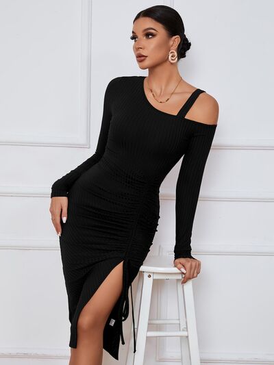 Explore More Collection - Ribbed Ruched Drawstring Wrap Dress