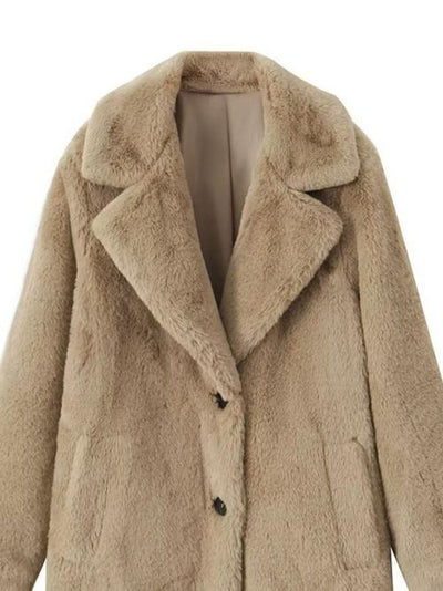 Explore More Collection - Faux Fur Button Up Lapel Neck Coat with Pocket