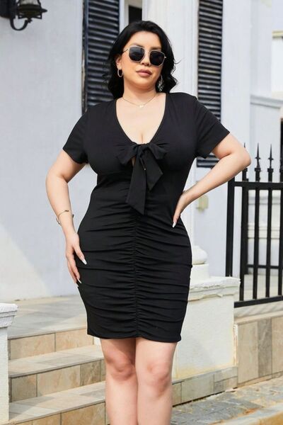 Explore More Collection - Plus Size Ruched Tied Short Sleeve Mini Dress