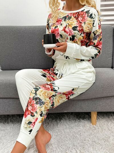 Explore More Collection - Printed Round Neck Top and Drawstring Pants Lounge Set