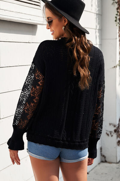 Explore More Collection - Openwork Lantern Sleeve Dropped Shoulder Sweater