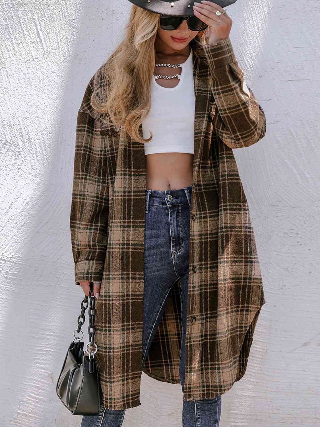 Explore More Collection - Plaid Collared Neck Button Down Longline Jacket