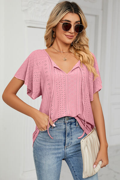 Explore More Collection - Eyelet Tie Neck Flutter Sleeve Blouse