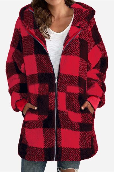 Explore More Collection - Double Take Full Size Plaid Long Sleeve Hooded Coat