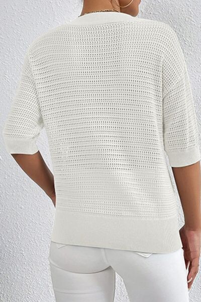 Explore More Collection - Openwork Half Button Dropped Shoulder Knit Top