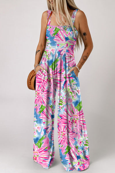 Explore More Collection - Floral Smocked Square Neck Jumpsuit with Pockets