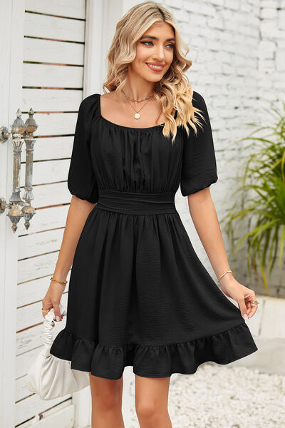 Explore More Collection - Ruched Ruffle Hem Short Sleeve Dress