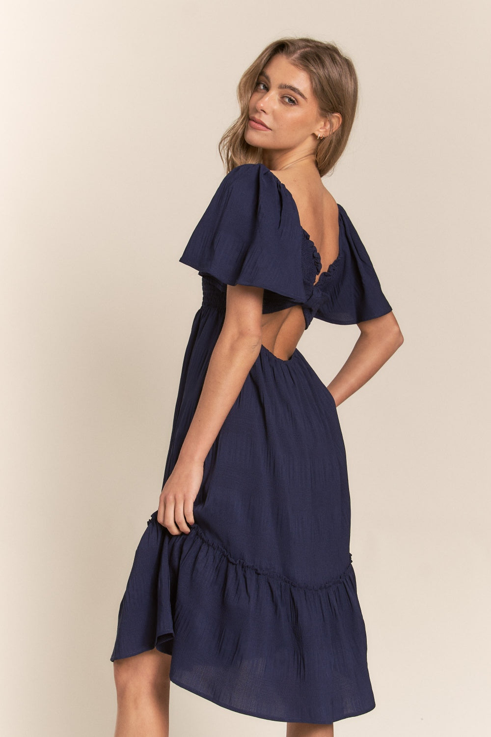 Explore More Collection - J.NNA Smocked Bow Back Ruffle Hem Dress