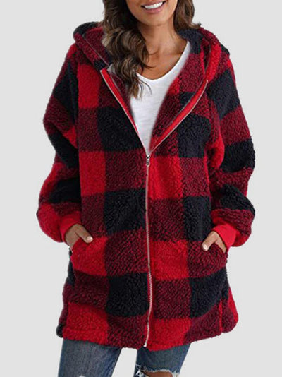 Explore More Collection - Plaid Zip Up Hooded Jacket with Pockets