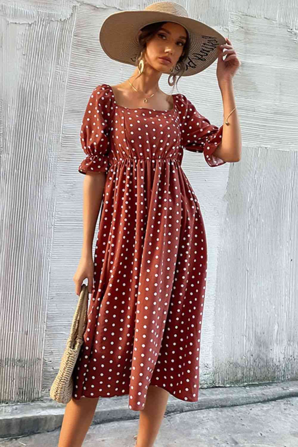 Explore More Collection - Polka Dot Square Neck Flounce Sleeve Dress