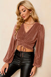 Explore More Collection - Drawstring V-Neck Balloon Sleeve Blouse