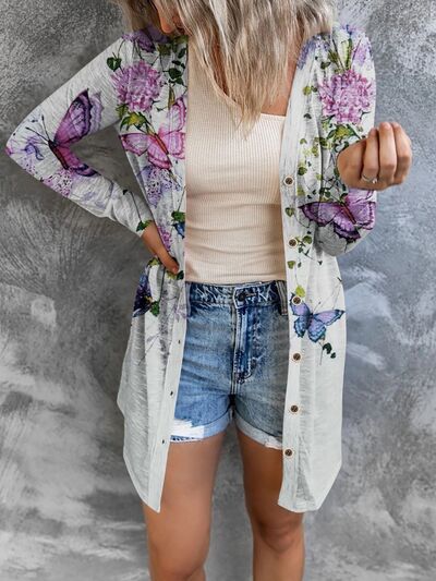Explore More Collection - Printed Button Up Long Sleeve Cardigan