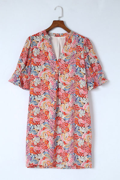 Explore More Collection - Floral Notched Neck Flounce Sleeve Shift Dress