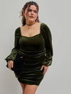 Explore More Collection - Plus Size Ruched Square Neck Balloon Sleeve Wrap Dress