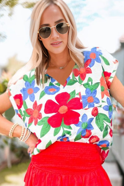 Explore More Collection - Floral V-Neck Short Sleeve Top