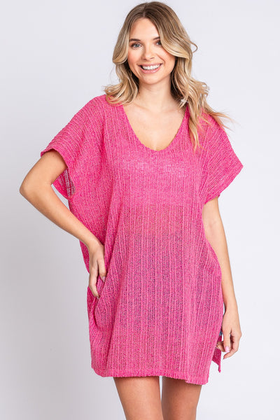 Explore More Collection - GeeGee Short Sleeve Side Slit Knit Cover Up Dress