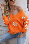 Explore More Collection - Flower Distressed Ribbed Trim Sweater