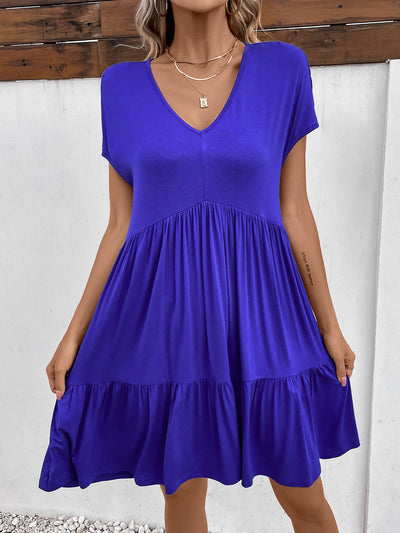 Explore More Collection - V-Neck Short Sleeve Dress with Pockets