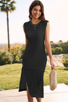 Explore More Collection - Slit Round Neck Sleeveless Sweater Dress