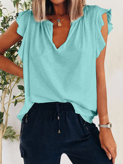 Explore More Collection - Ruffled Notched Cap Sleeve T-Shirt