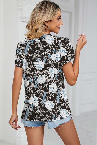 Explore More Collection - Floral V-Neck Short Sleeve T-Shirt