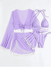 Explore More  Collection - Halter Neck Bra, Bottom, Tassel Flare Sleeve Cover-Up and Skirt Four-Piece Swim Set