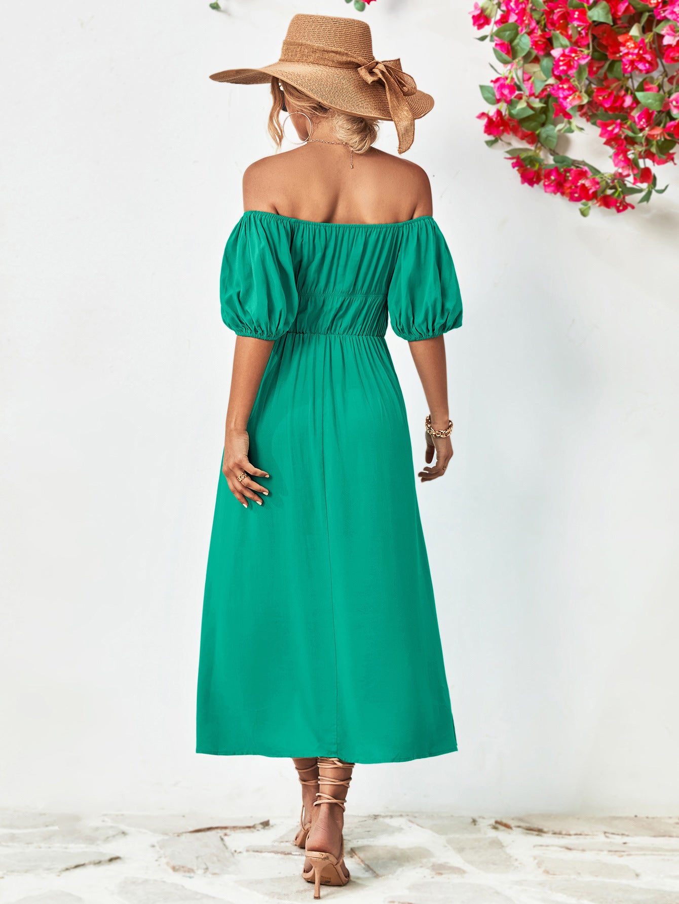Explore More Collection - Off-Shoulder Balloon Sleeve Midi Dress 