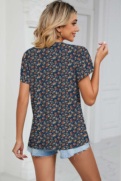 Explore More Collection - Floral V-Neck Short Sleeve T-Shirt