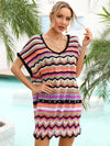 Explore More Collection - Rainbow Stripe Scalloped V-Neck Cover-Up Dress