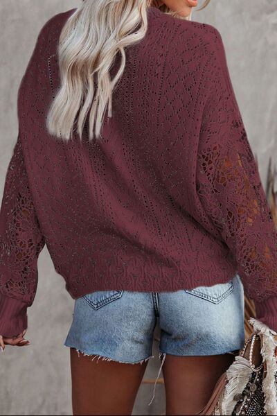 Explore More Collection - Openwork Lantern Sleeve Dropped Shoulder Sweater
