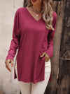 Explore More Collection - V-Neck Slit Long Sleeve T-Shirt