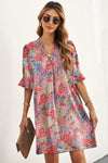 Explore More Collection - Floral Notched Neck Flounce Sleeve Shift Dress