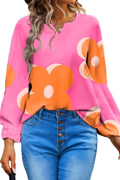 Explore More Collection - Flower Notched Balloon Sleeve Blouse