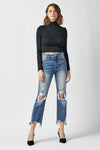 Explore More Collection - RISEN High Waist Distressed Frayed Hem Cropped Straight Jeans