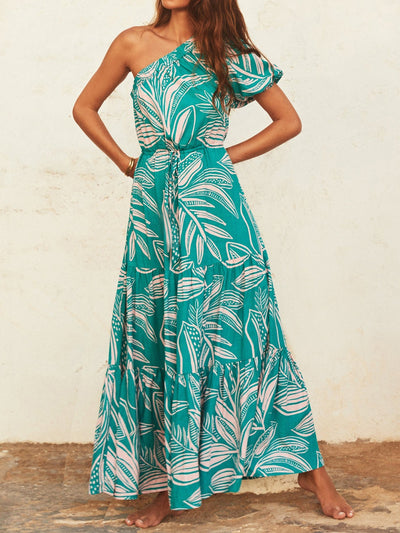 Explore More Collection - Printed One Shoulder Puff Sleeve Dress