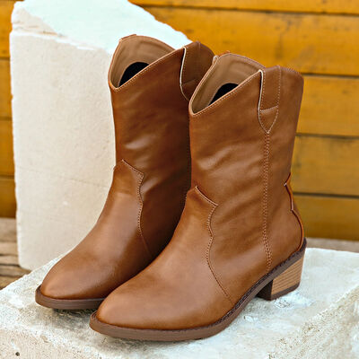 Explore More Collection - PU Leather Block Heel Boots