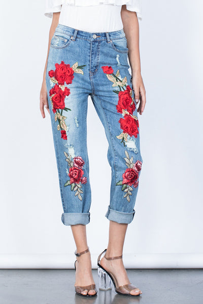 Explore More Collection - Full Size Flower Embroidery Button Fly Jeans