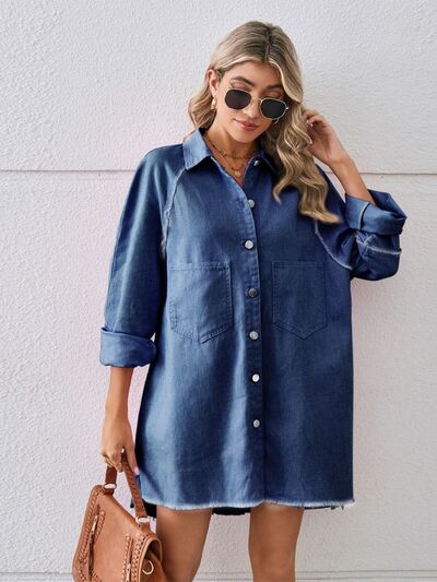 Explore More Collection - Raw Hem Button Up Denim Dress