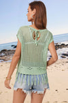 Explore More Collection - Openwork Cap Sleeve Knit Cover Up with Tassel