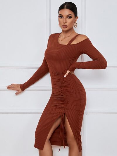 Explore More Collection - Ribbed Ruched Drawstring Wrap Dress