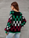 Explore More Collection - Checkered V-Neck Lantern Sleeve Sweater