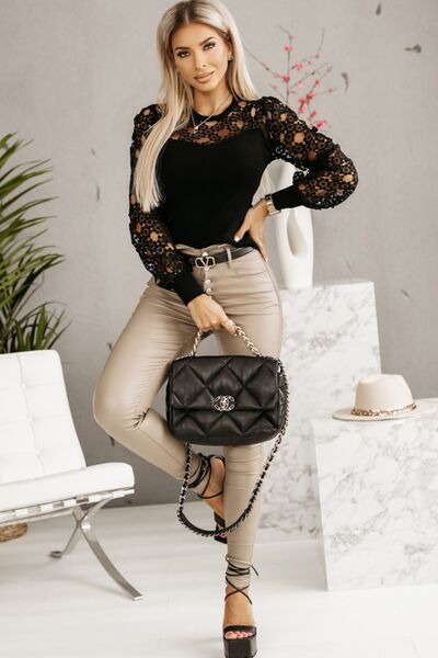 Explore More Collection - Hollowed Floral Lace Spliced Long Sleeve Blouse