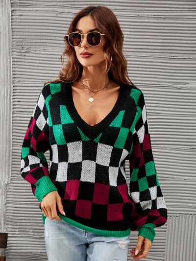 Explore More Collection - Checkered V-Neck Lantern Sleeve Sweater