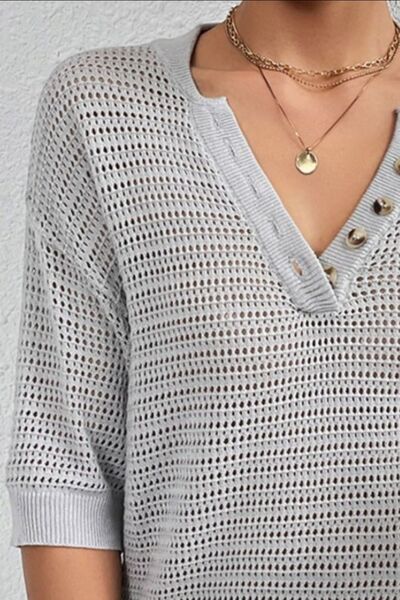 Explore More Collection - Openwork Half Button Dropped Shoulder Knit Top