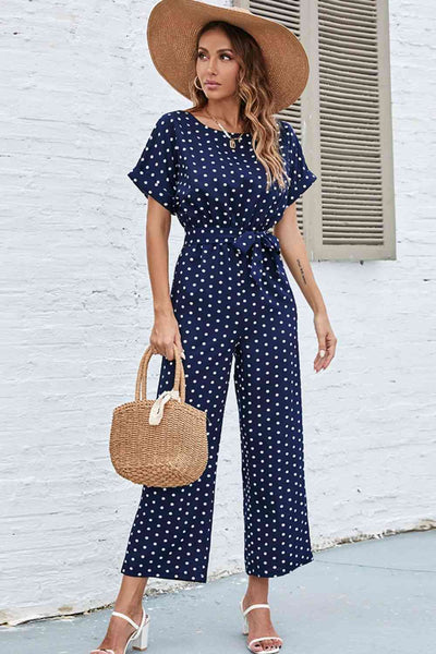 Explore More Collection - Polka Dot Round Neck Cutout Jumpsuit