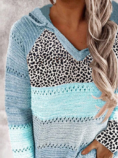 Explore More Collection - Full Size Openwork Leopard Drawstring Hooded Sweater